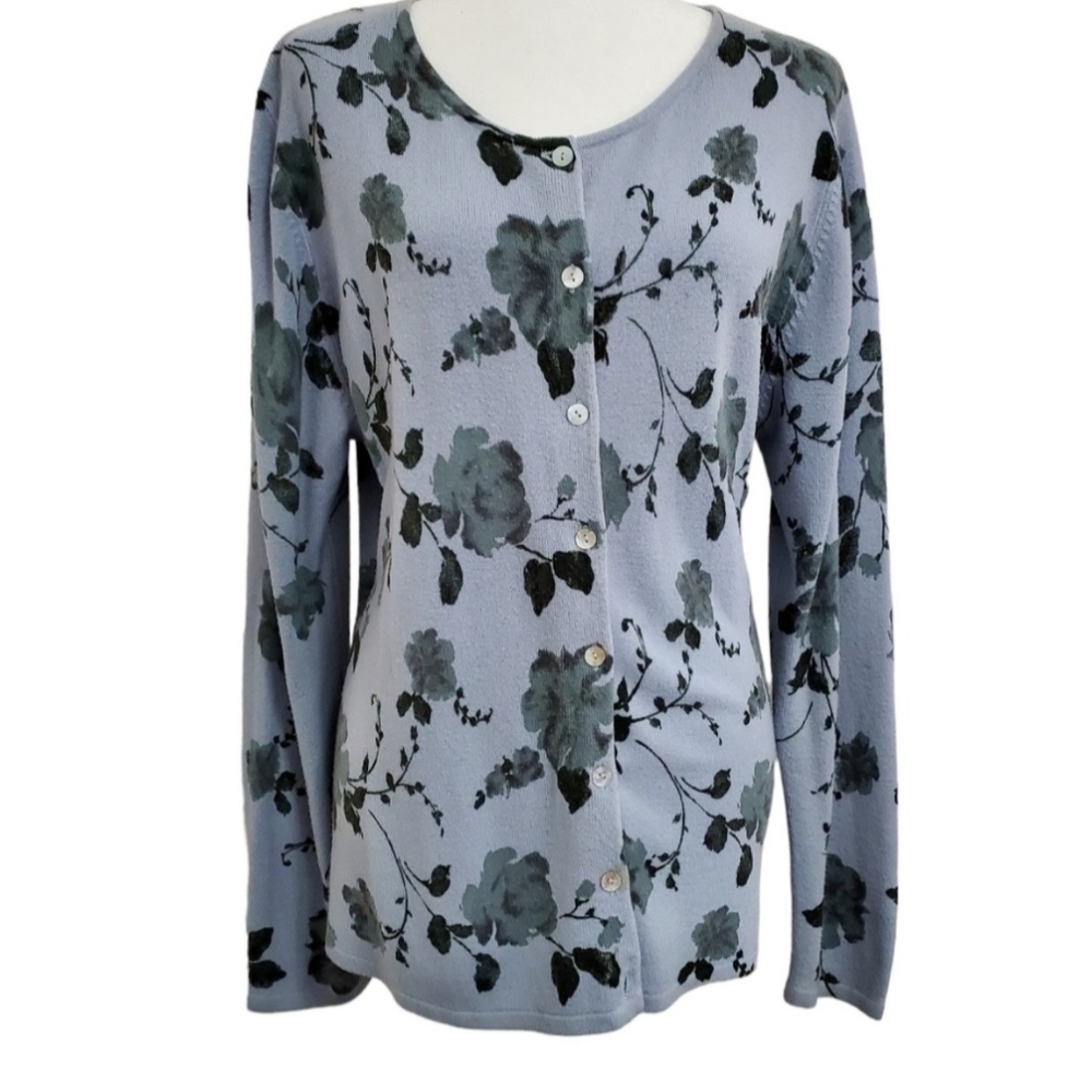 Basic Necessities Cardigan Sweater Blue Gray w/leaf Print Sz 1X